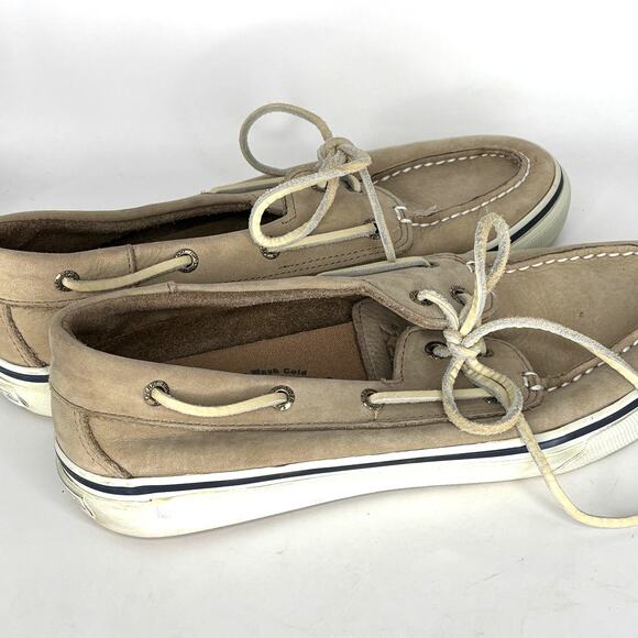 Sperry Top Sider Mens 9.5 M Light Tan Leather Navy Trim Boat Shoe Non Slip - Picture 4 of 8